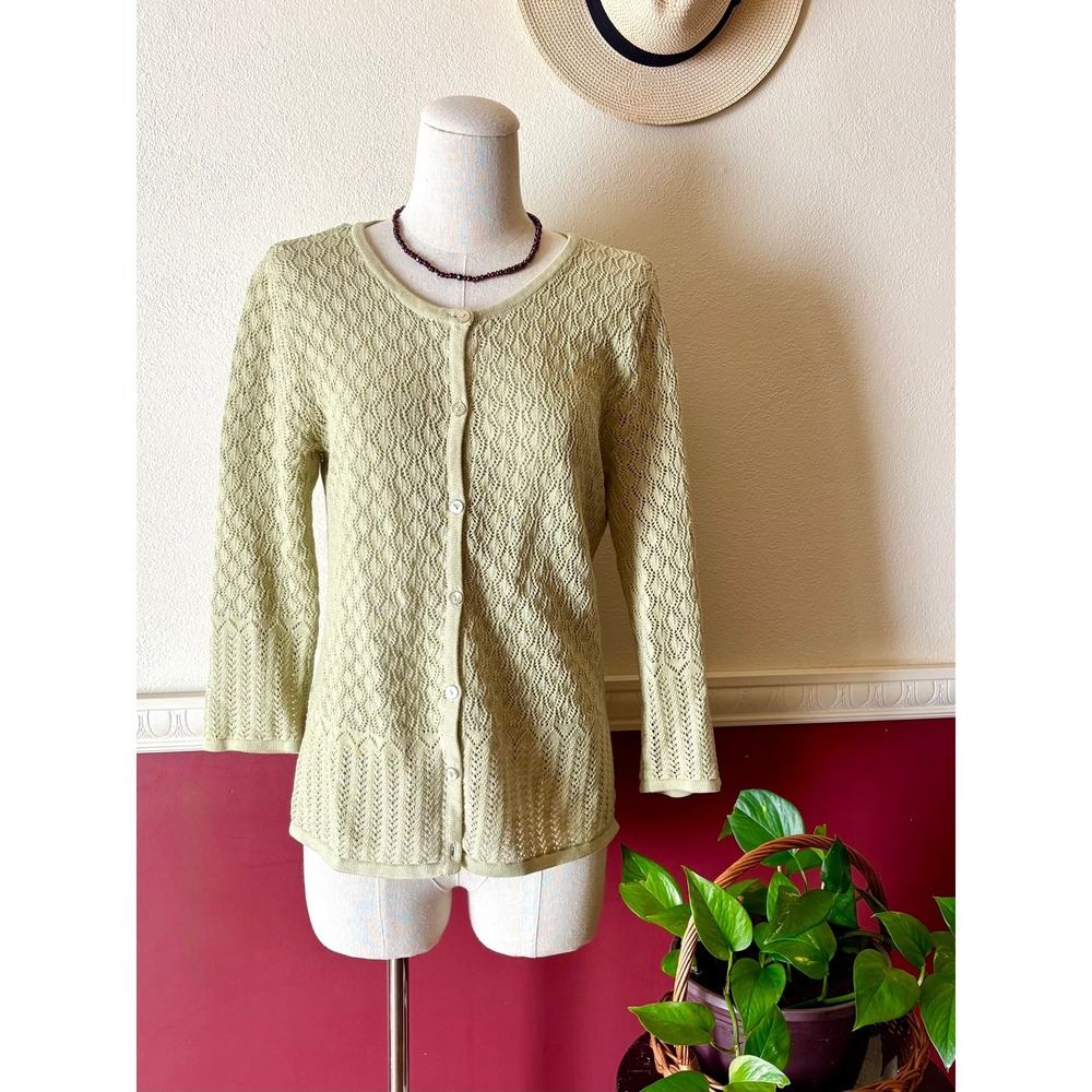 Vintage Crystal Kobe Sage Green Pointelle Knit Cardigan Ramie Cotton‎ Size S Y2K